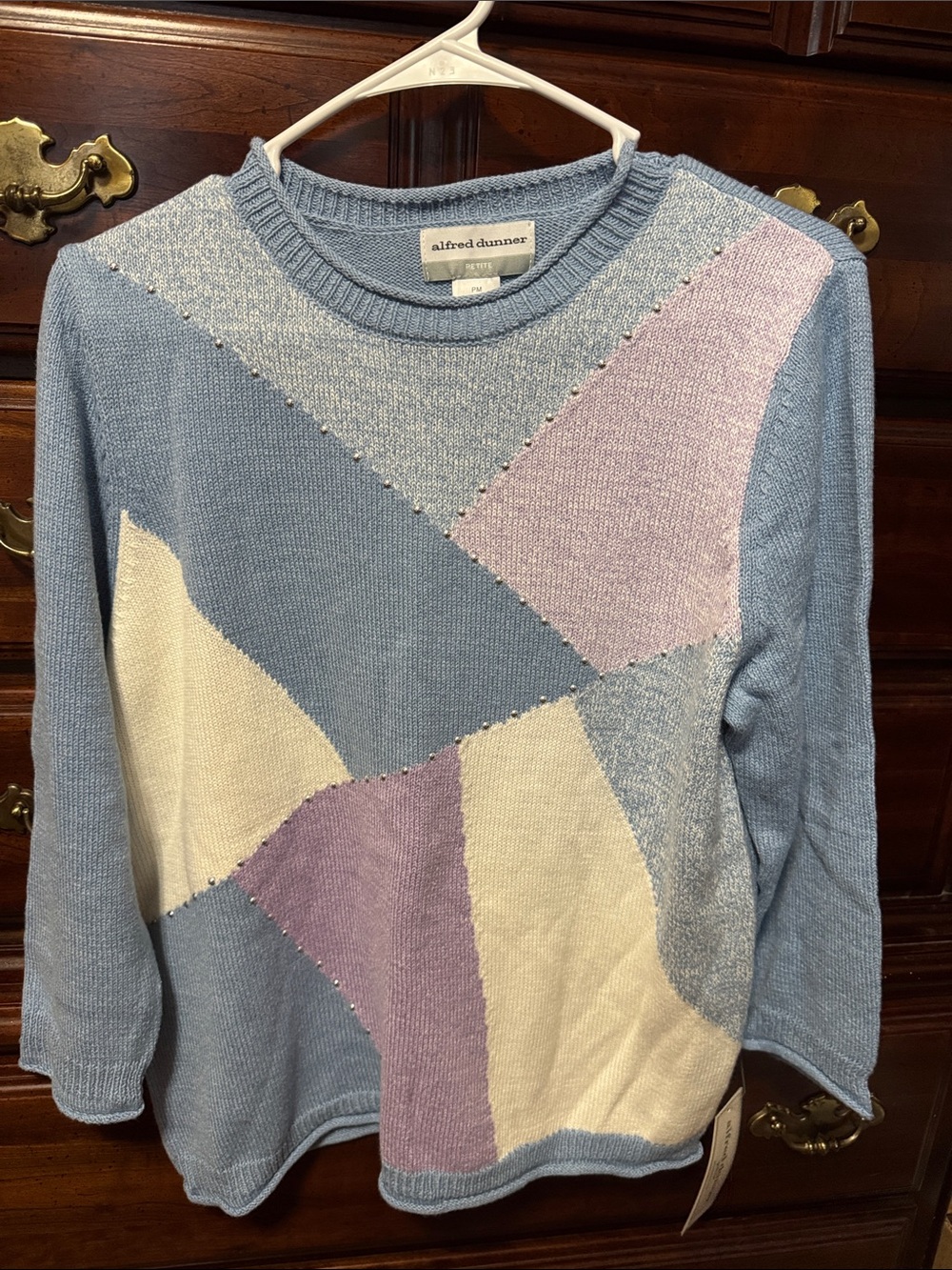 Alfred Dunner Pastel Blue, Cream & Lavender Colorblock Crewneck Sweater